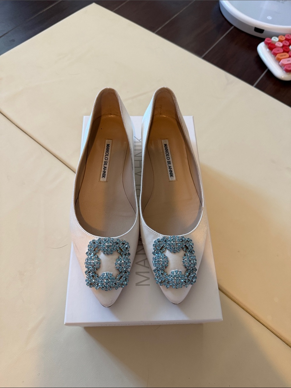 Manolo Blahnik White Pointed-Toe Flats with Blue Crystal Buckle